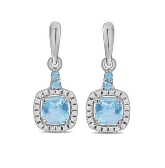 Aquamarine And Diamond White Gold Square Cluster Drop Earrings