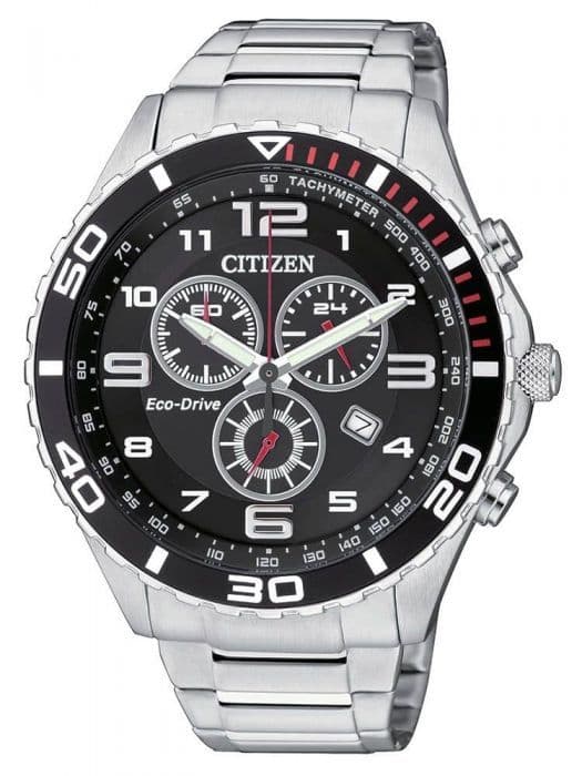AT2121-50E Citizen Watch Chronograph Stainless Steel Black Dial Bracelet Eco-Drive