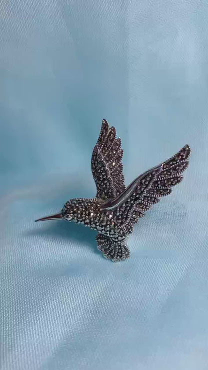 Flying Hummingbird Marcasite Sterling Silver Brooch