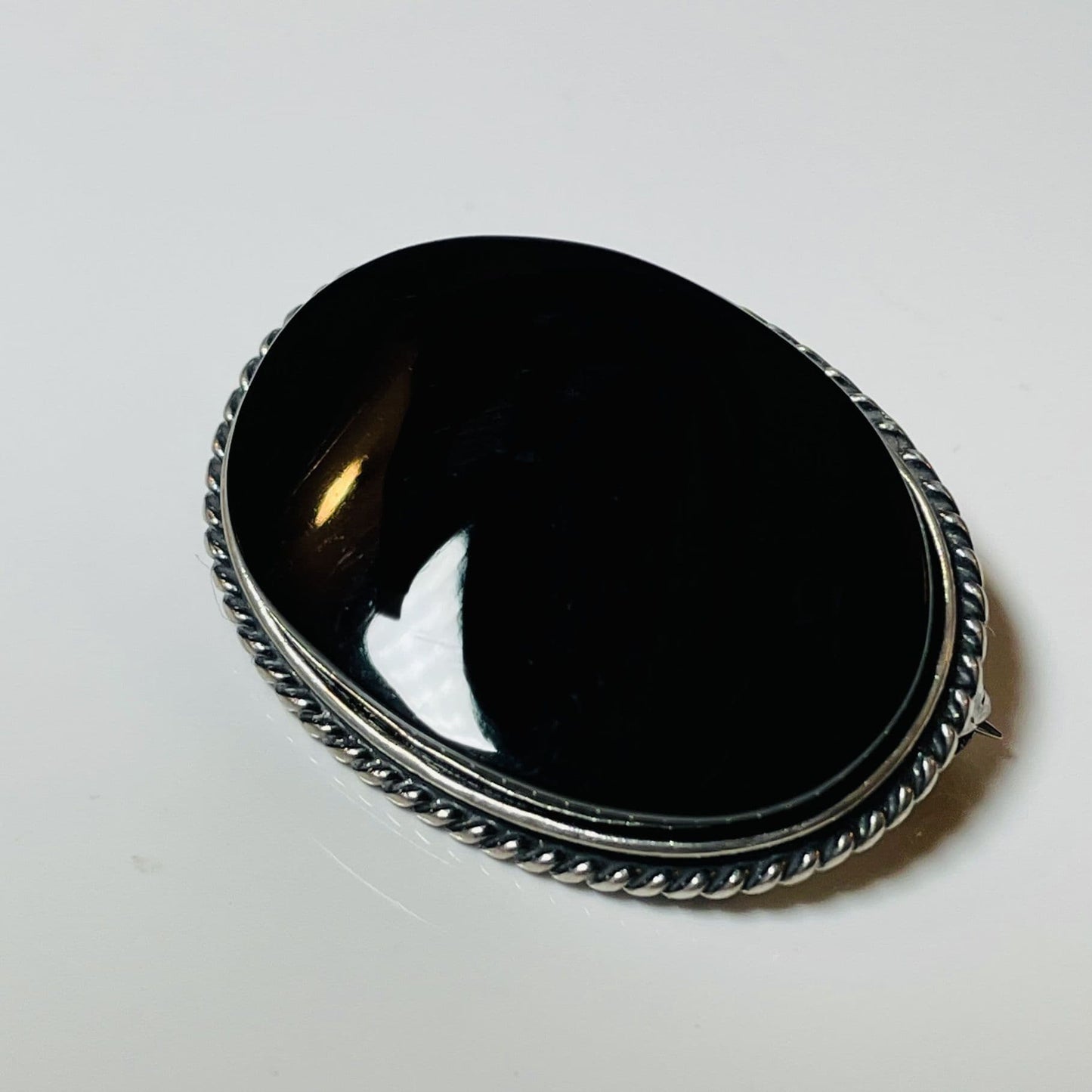 Black Oval Jet Brooch Sterling Silver With A Rope Edge