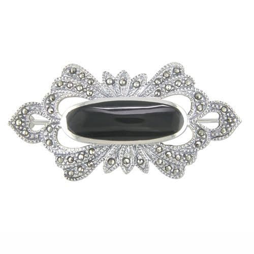 Black Oval Onyx And Marcasite Brooch Sterling Silver