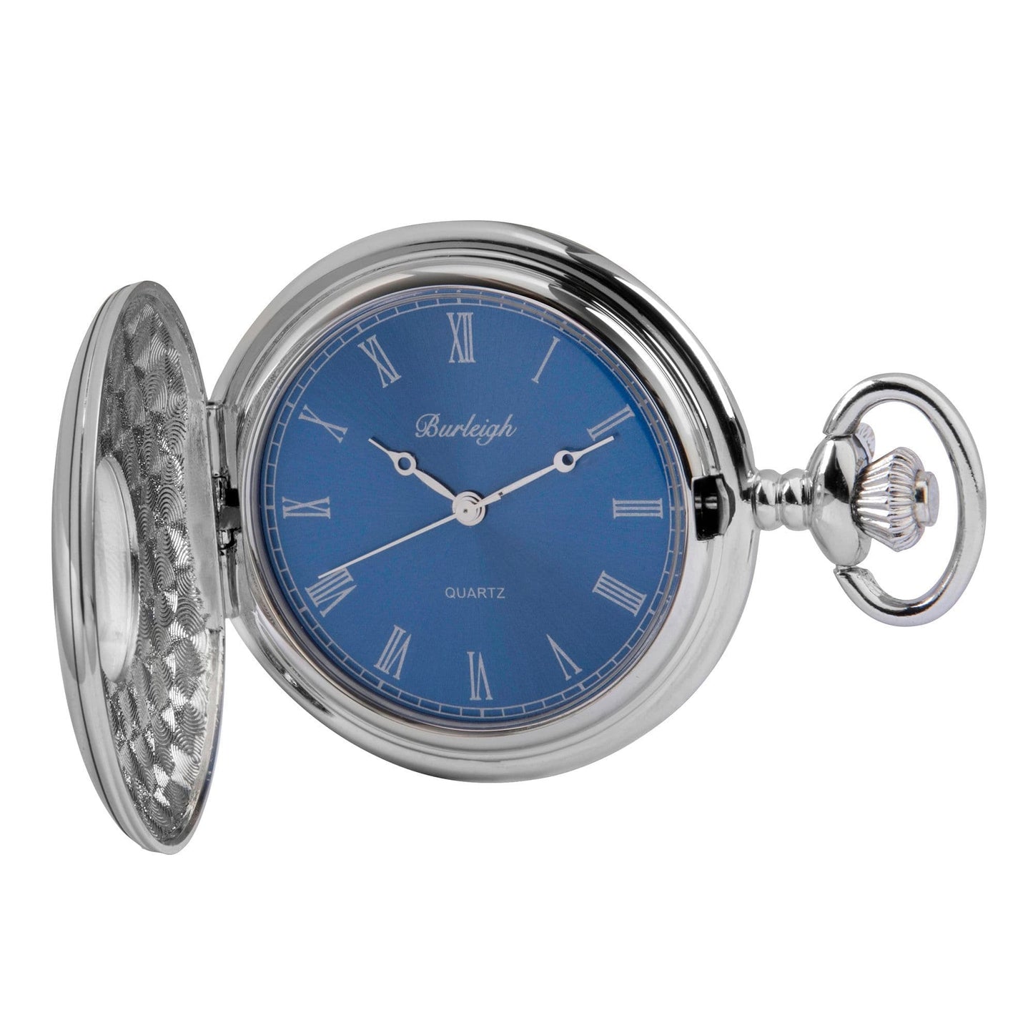 Blue Quartz Chrome Plated Plain Pocket Watch With Chain