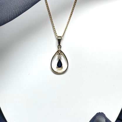 Blue Sapphire And Diamond Yellow Gold Open Pear Teardrop Necklace