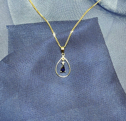 Blue Sapphire And Diamond Yellow Gold Open Pear Teardrop Necklace