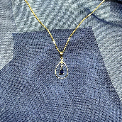 Blue Sapphire And Diamond Yellow Gold Open Pear Teardrop Necklace