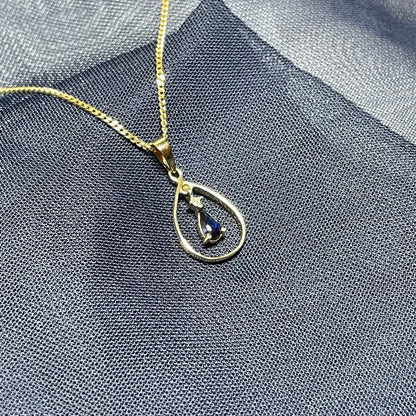 Blue Sapphire And Diamond Yellow Gold Open Pear Teardrop Necklace