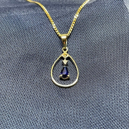 Blue Sapphire And Diamond Yellow Gold Open Pear Teardrop Necklace