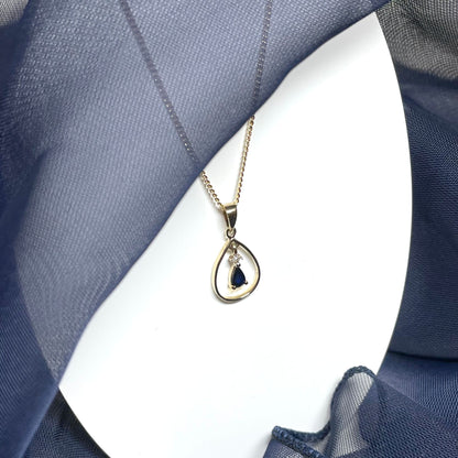 Blue Sapphire And Diamond Yellow Gold Open Pear Teardrop Necklace