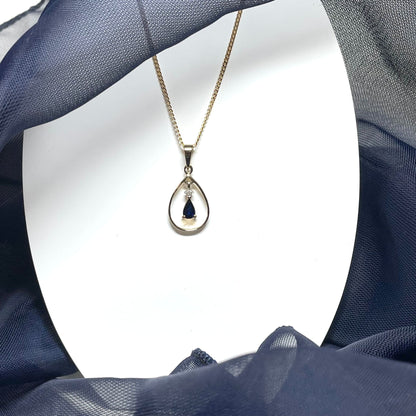 Blue Sapphire And Diamond Yellow Gold Open Pear Teardrop Necklace