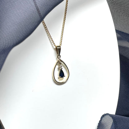 Blue Sapphire And Diamond Yellow Gold Open Pear Teardrop Necklace