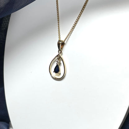 Blue Sapphire And Diamond Yellow Gold Open Pear Teardrop Necklace