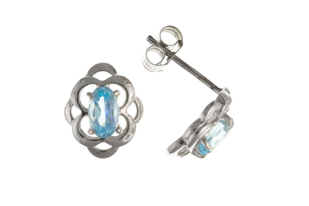 Blue topaz sterling silver oval Celtic stud earrings