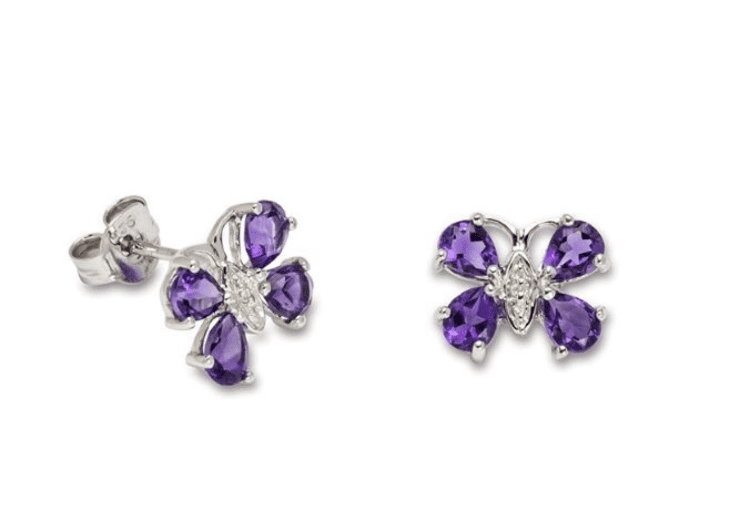 Butterfly shaped purple amethyst and diamond sterling silver stud earrings