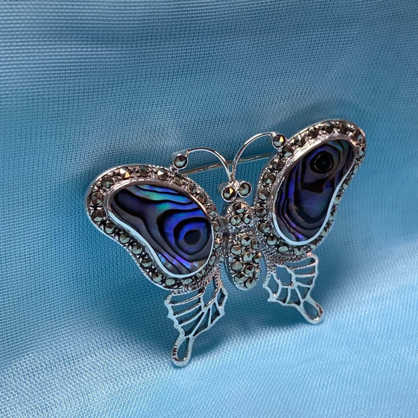 Butterfly Sterling Silver Abalone Shell and Marcasite Brooch