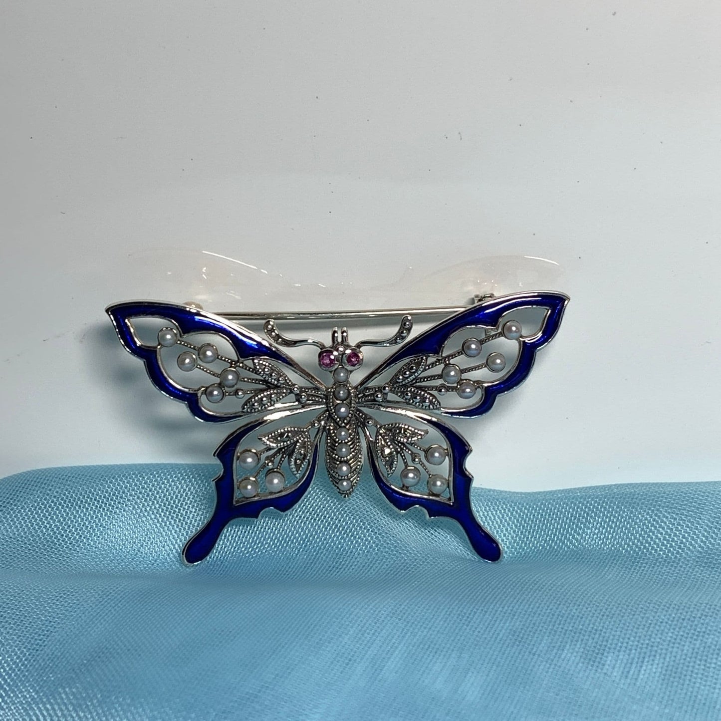 Butterfly Sterling Silver Pearl and Marcasite Brooch with Blue Enamel