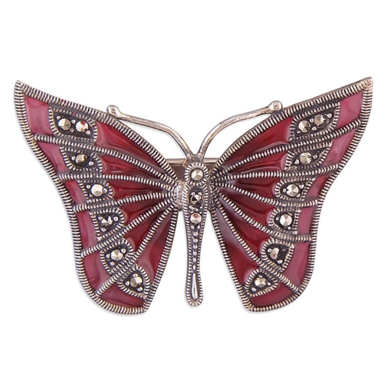 Butterfly Sterling Silver Red Pink Glass and Marcasite Brooch