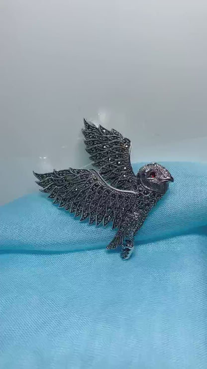 Marcasite Flying Owl Brooch Sterling Silver