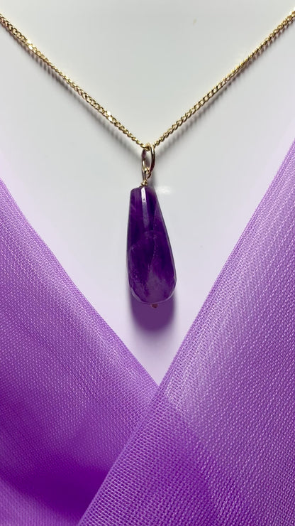 Large Amethyst Teardrop Shaped Yellow Gold Necklace