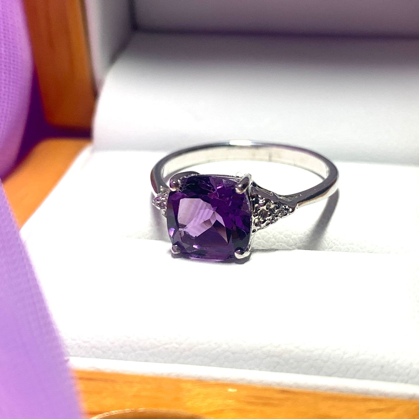Cushion shaped amethyst and diamond sterling silver fancy dress cocktail ring
