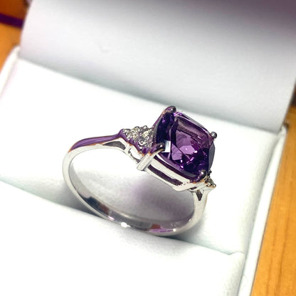 Cushion shaped amethyst and diamond sterling silver fancy dress cocktail ring