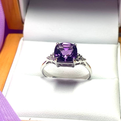 Cushion shaped amethyst and diamond sterling silver fancy dress cocktail ring