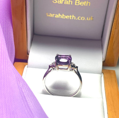 Cushion shaped amethyst and diamond sterling silver fancy dress cocktail ring