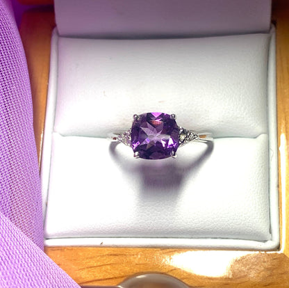 Cushion shaped amethyst and diamond sterling silver fancy dress cocktail ring