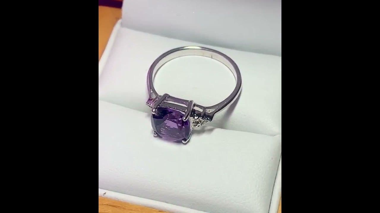 Cushion shaped amethyst and diamond sterling silver fancy dress cocktail ring