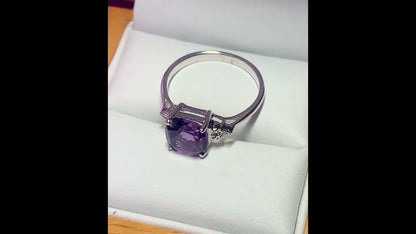 Cushion shaped amethyst and diamond sterling silver fancy dress cocktail ring