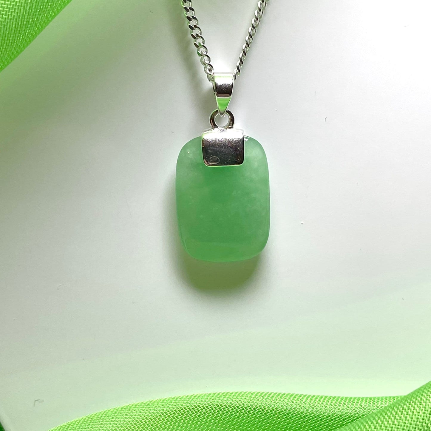 Cushion Shaped Silver Real Green Jade Necklace Pendant