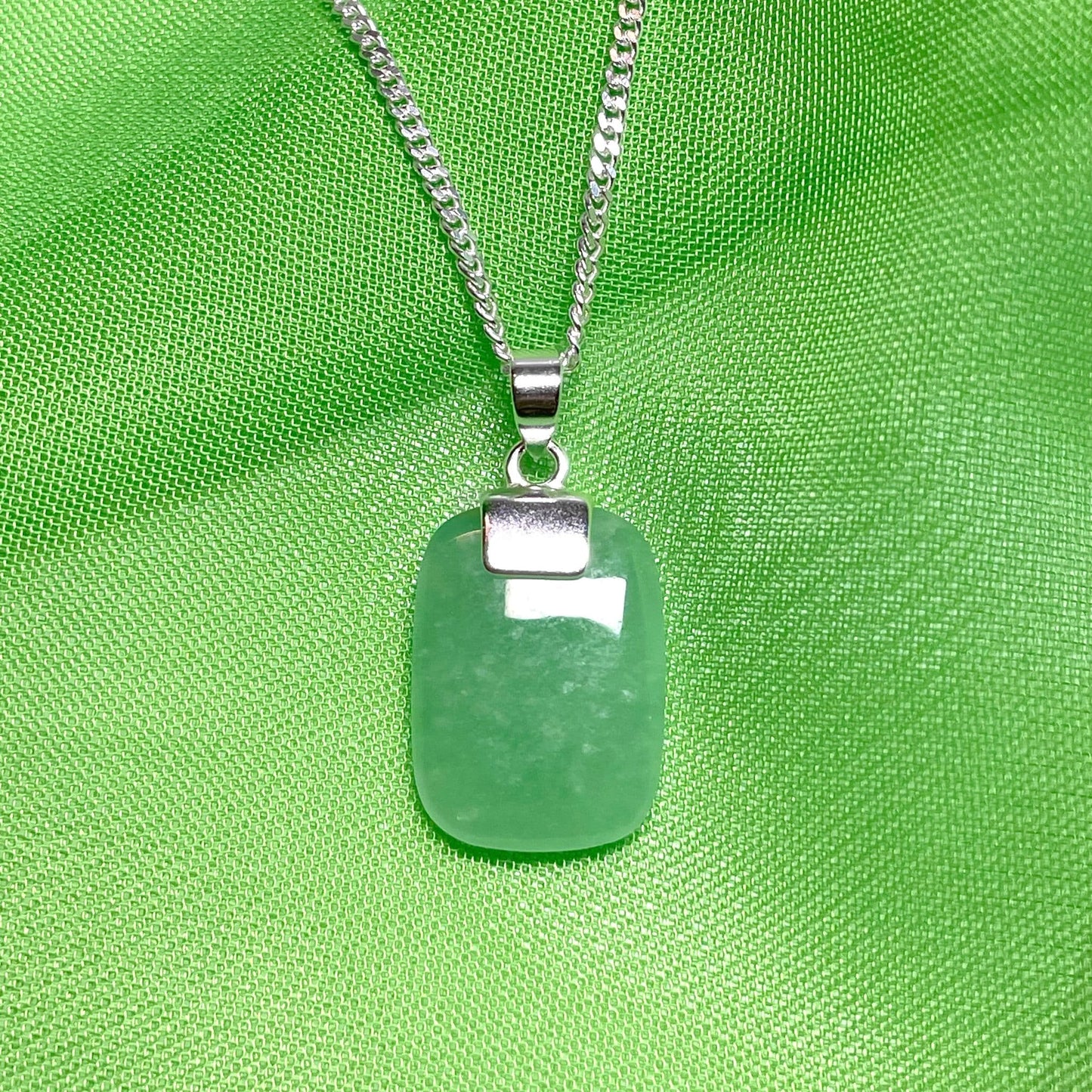 Cushion Shaped Silver Real Green Jade Necklace Pendant