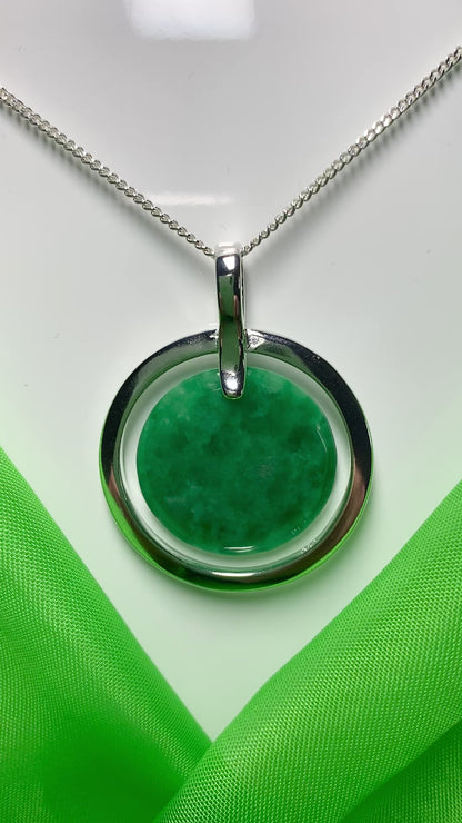 Large silver round shaped dark green real jade necklace