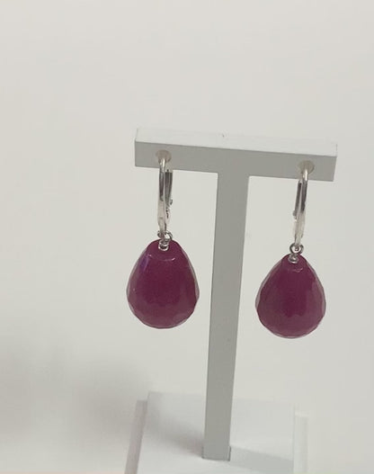 Fuchsia Jade Teardrop Shaped Sterling Silver Drop Earrings