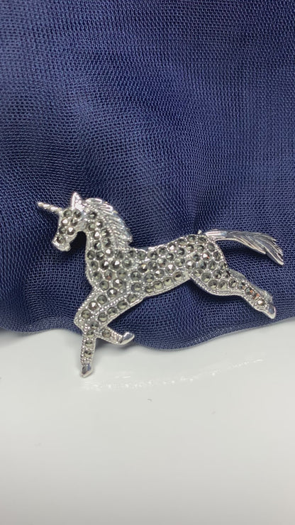 Unicorn marcasite sterling silver brooch