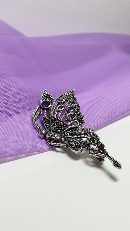 Large butterfly brooch amethyst and marcasite