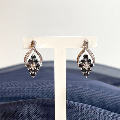 Dark Blue Sapphire And Diamond Sterling Silver Earrings