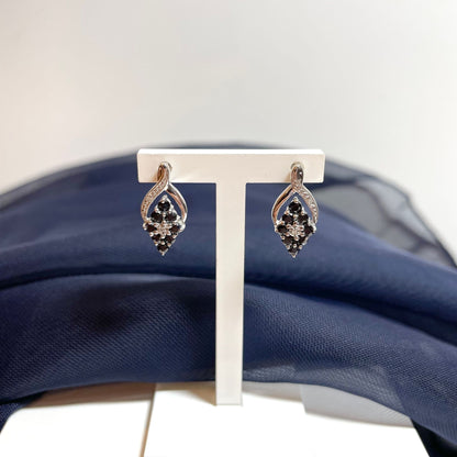 Dark Blue Sapphire And Diamond Sterling Silver Earrings