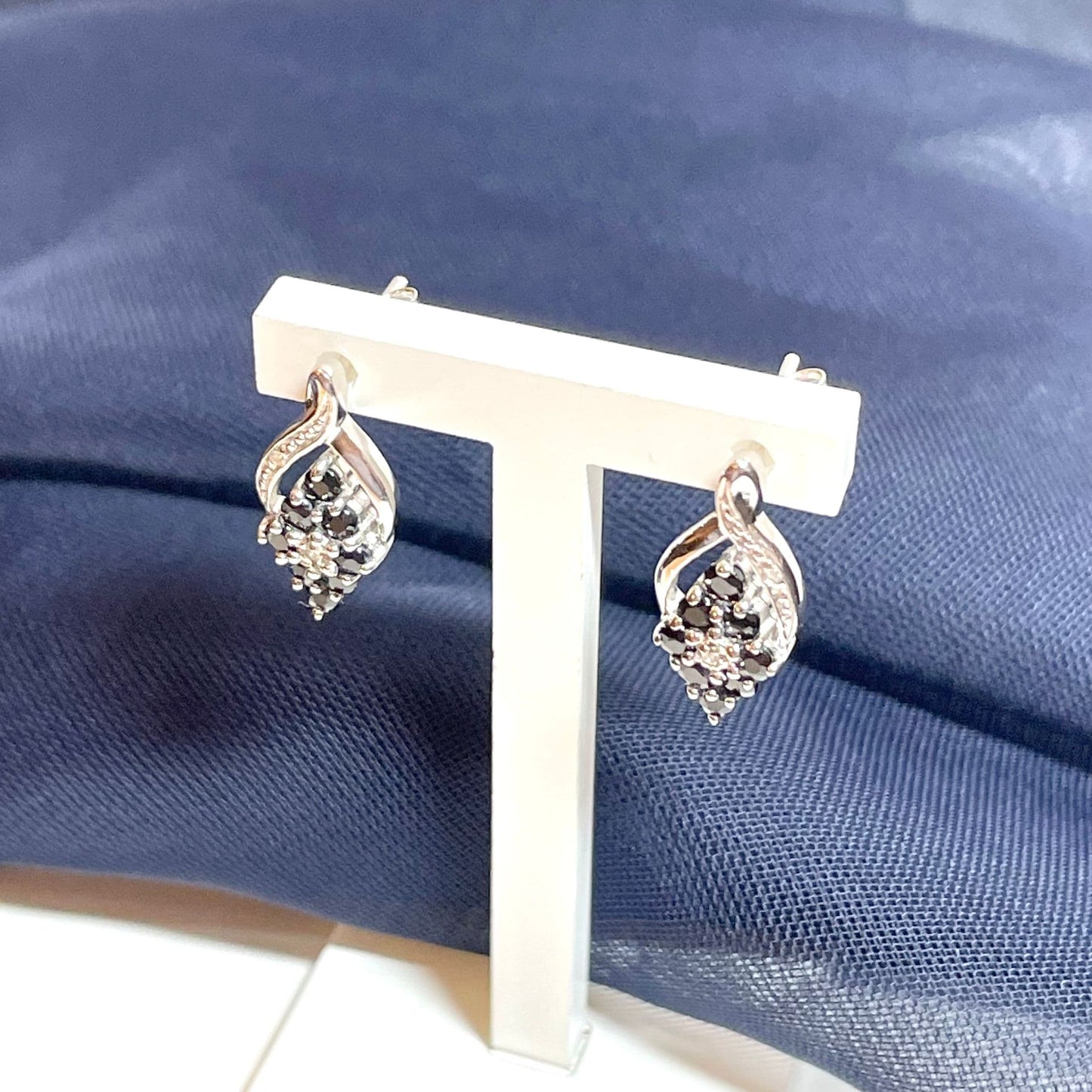 Dark Blue Sapphire And Diamond Sterling Silver Earrings
