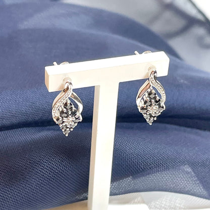 Dark Blue Sapphire And Diamond Sterling Silver Earrings