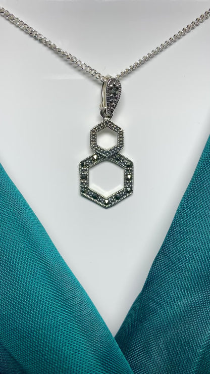 Marcasite Necklace Double Hexagon Sterling Silver