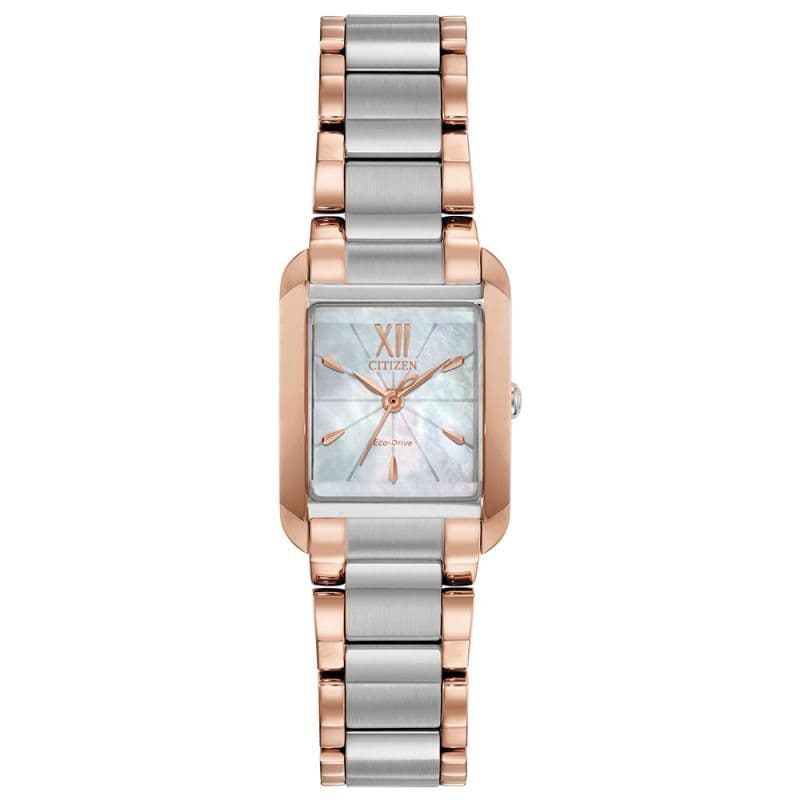 EW5556-52D Square Ladies Citizen Eco-Drive Watch Stainless Steel Bracelet Mother of Pearl Dial