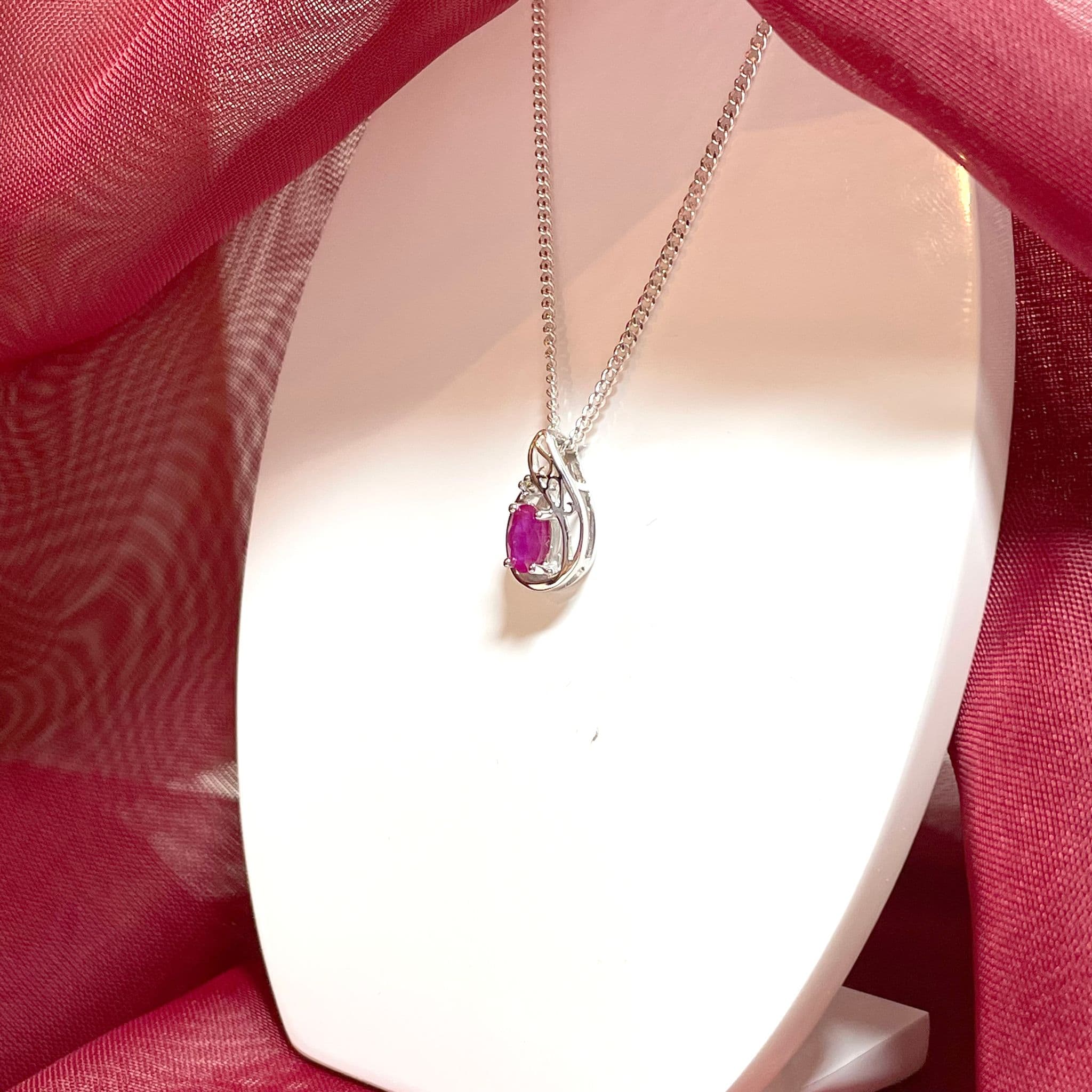 Fancy Oval Ruby And Diamond Tear Drop Sterling Silver Red Necklace Pendant