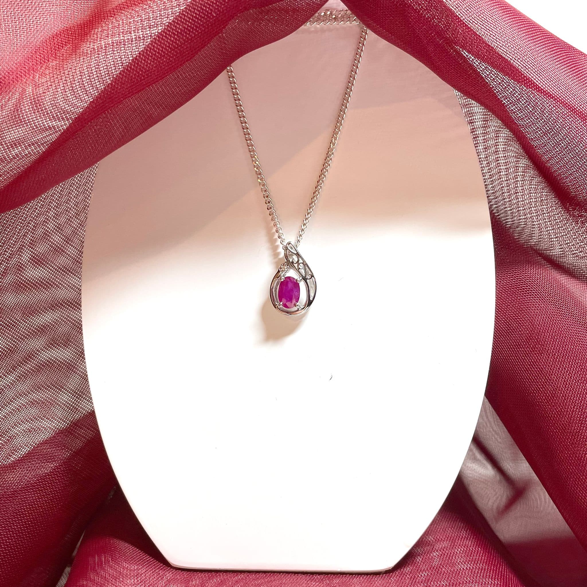 Fancy Oval Ruby And Diamond Tear Drop Sterling Silver Red Necklace Pendant