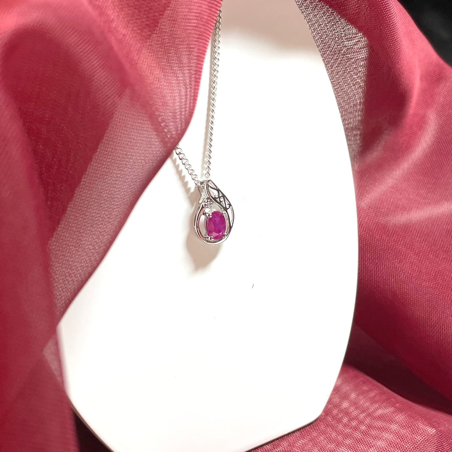 Fancy Oval Ruby And Diamond Tear Drop Sterling Silver Red Necklace Pendant