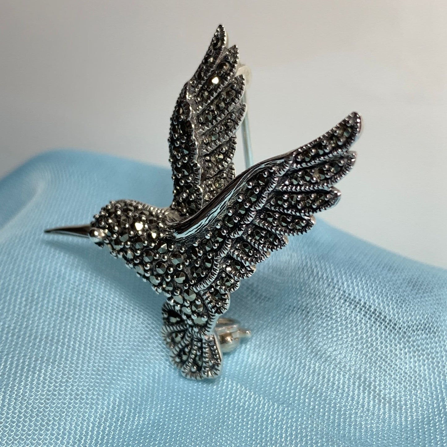 Flying Hummingbird Marcasite Sterling Silver Brooch