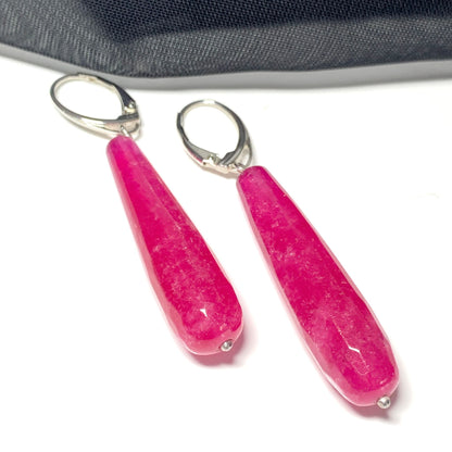 Fuchsia Jade Long Teardrop Shaped Sterling Silver Drop Earrings