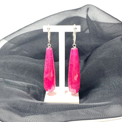 Fuchsia Jade Long Teardrop Shaped Sterling Silver Drop Earrings