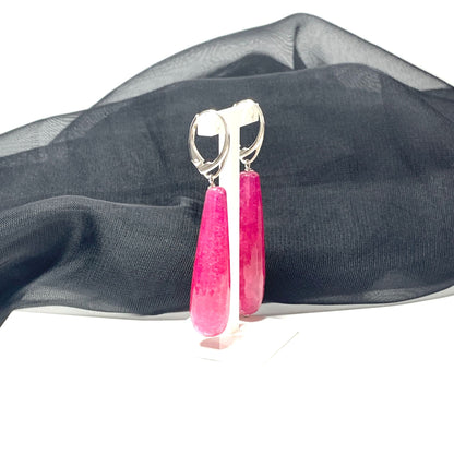 Fuchsia Jade Long Teardrop Shaped Sterling Silver Drop Earrings