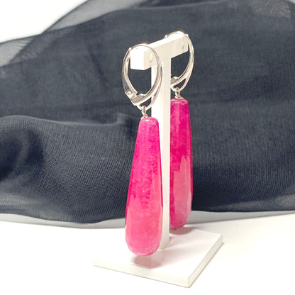 Fuchsia Jade Long Teardrop Shaped Sterling Silver Drop Earrings