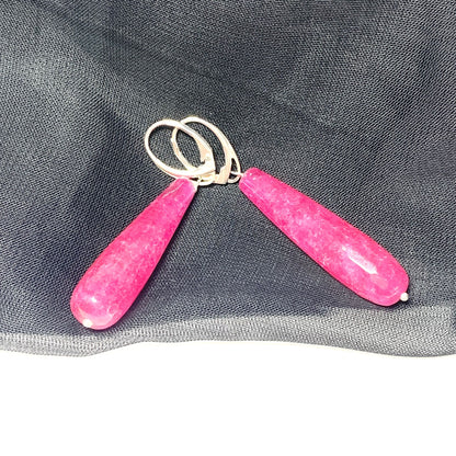 Fuchsia Jade Long Teardrop Shaped Sterling Silver Drop Earrings